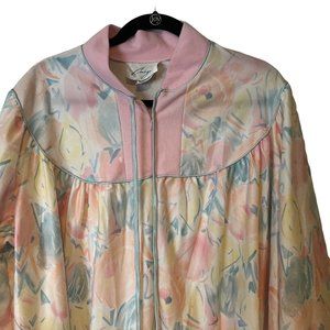 VINTAGE Cinejour Robe Housecoat Floral 1/4 Zip Pullover Pockets Long Sleeve USA